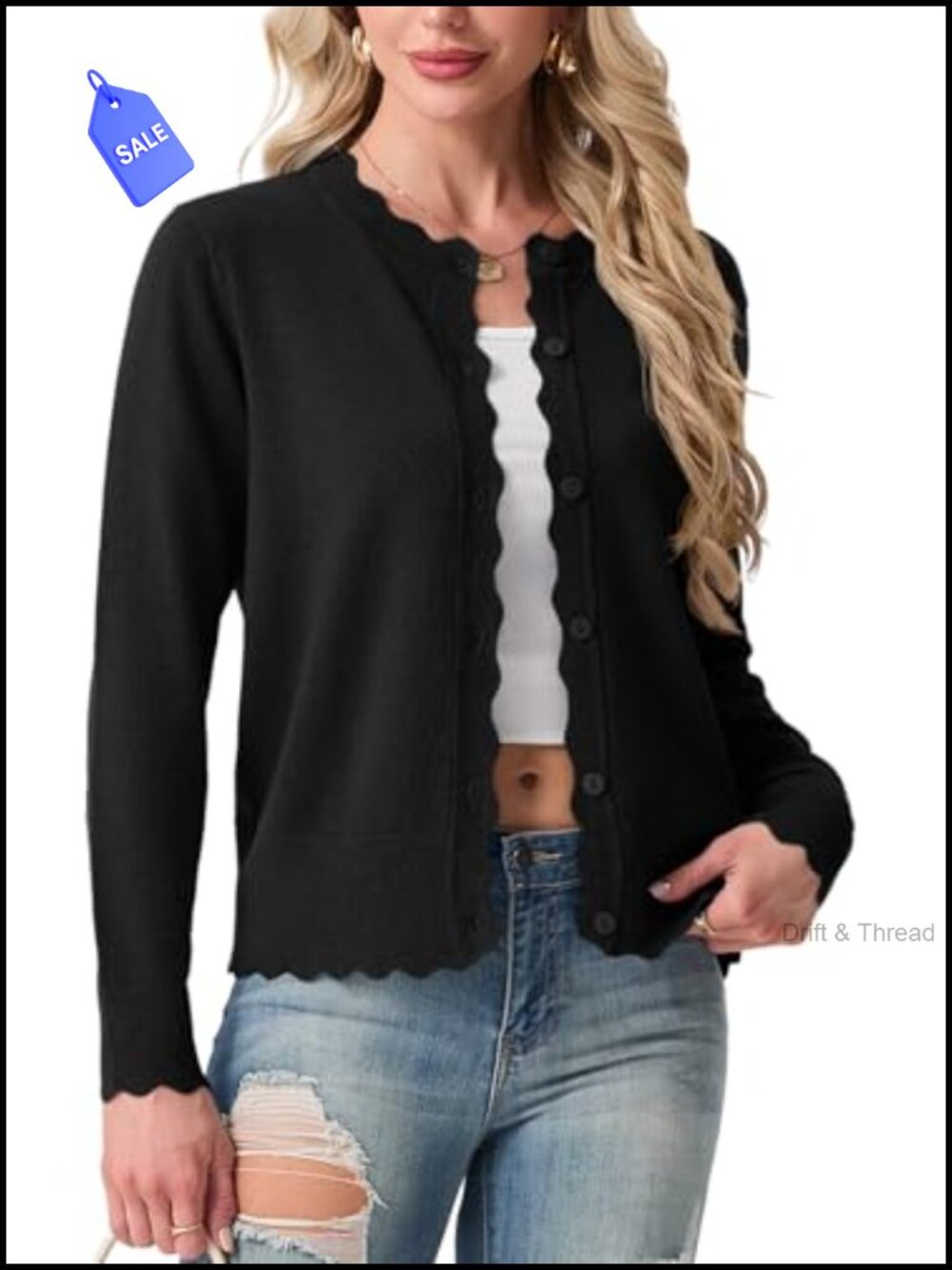 Knit Cardigan Sweater Lightweight Button Up Long Sleeve Scalloped Trim Office